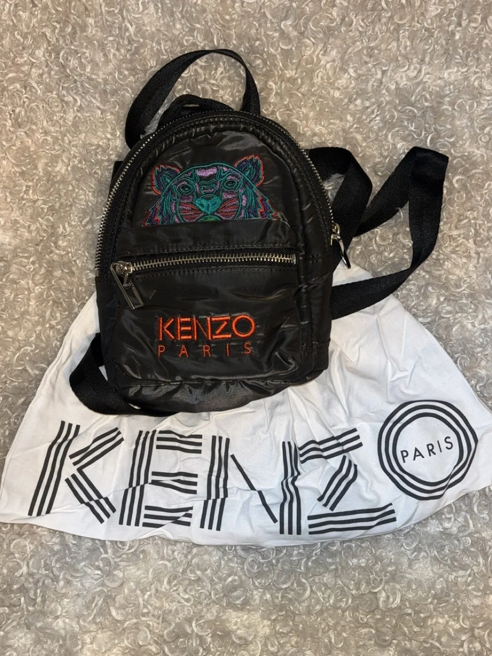 Kenzo Black Mini Backpack with Multicolor Embroidered Tiger. Nice small mini bag